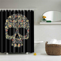 Skull formed from gold ochre and dusty rose floral scrollwork on deep black