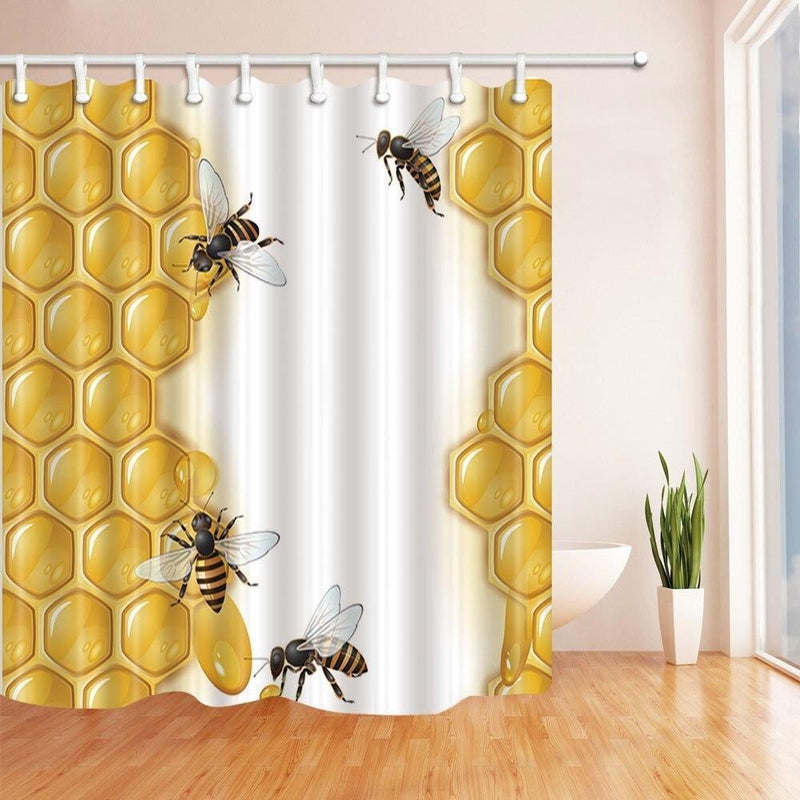 Golden honeycomb cells filled with honey and four realistic bees