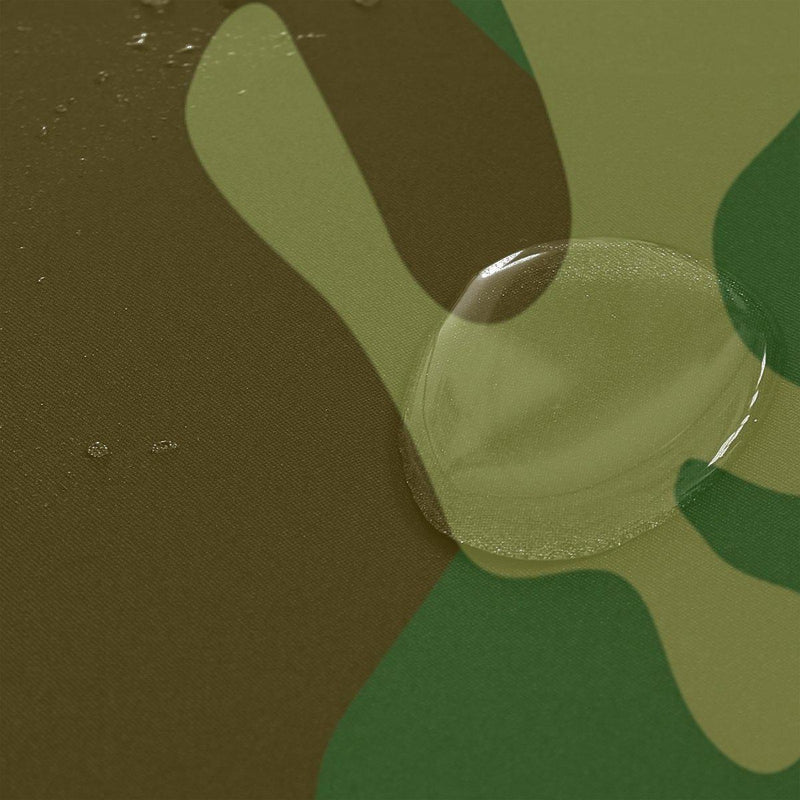 Close view of the black and green camo shapes on fabric