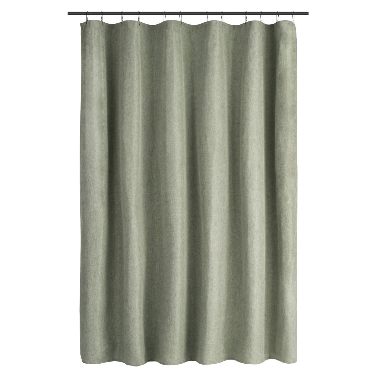 Sage linen curtain styled in a calm bathroom with natural light