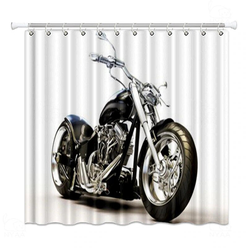 Black and chrome chopper motorcycle shown three quarters against white