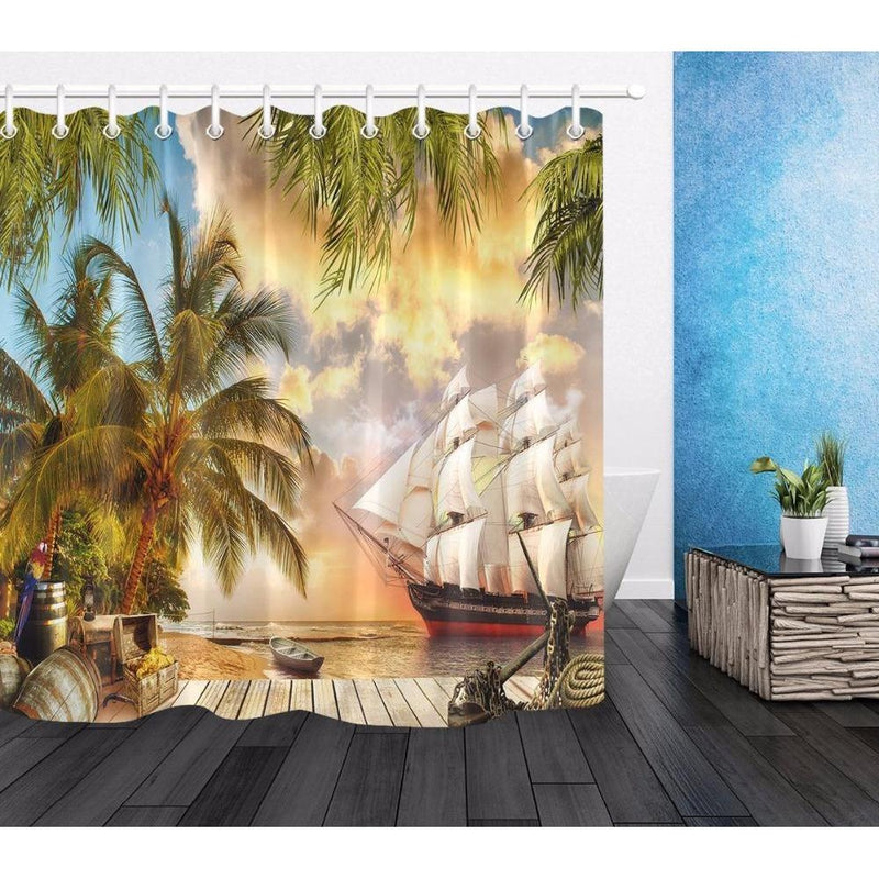 Tall ship in full sail off a beach lined with coconut palms