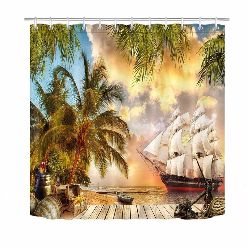 Wooden deck and treasure chest in the foreground under a golden sky