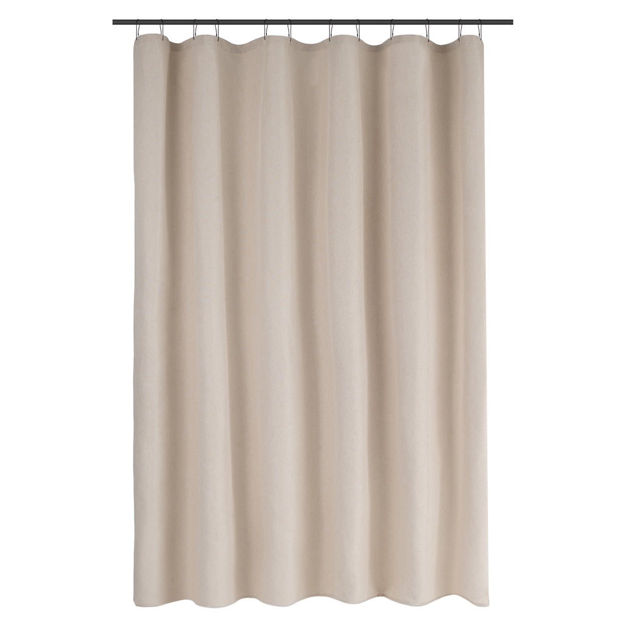 Ivory linen look curtain styled beside a bathtub in warm daylight