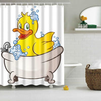 Drawn yellow duck sitting in a claw-foot tub filled with blue bubbles