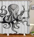 Giant octopus drawn as an antique line engraving on linen grey ground