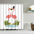 Two drawn flamingos beak to beak with one in a black top hat