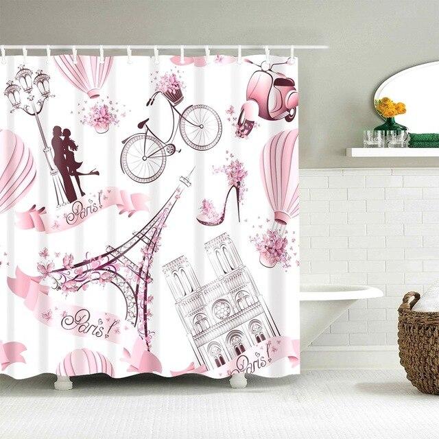 Eiffel Tower, bicycles and hot air balloons sketched in powder pink on white