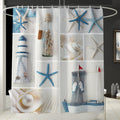 Grid of white niches holding starfish, shells, a pearl and a small lighthouse