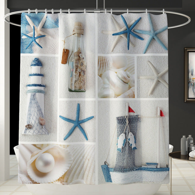 Grid of white niches holding starfish, shells, a pearl and a small lighthouse