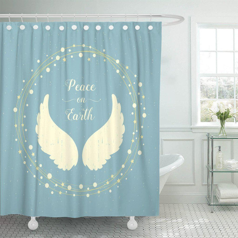 Cream angel wings inside a ring of stars on a frosted blue ground