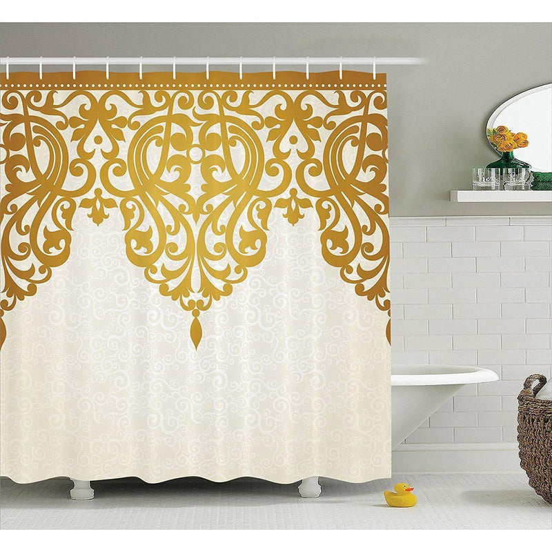 Gold arabesque crown arching across an ivory tone on tone damask ground