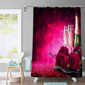 Champagne bottle and two flutes with red roses on a glittering fuchsia ground