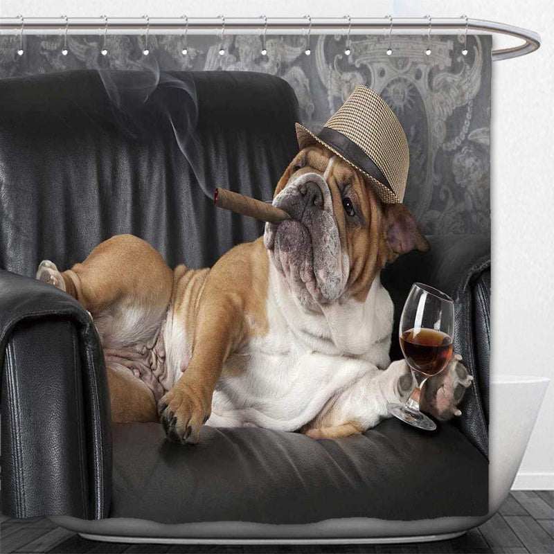 English bulldog on a black leather sofa in a straw hat with a cigar