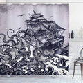 Midnight blue ink engraving of a giant octopus gripping a three masted ship
