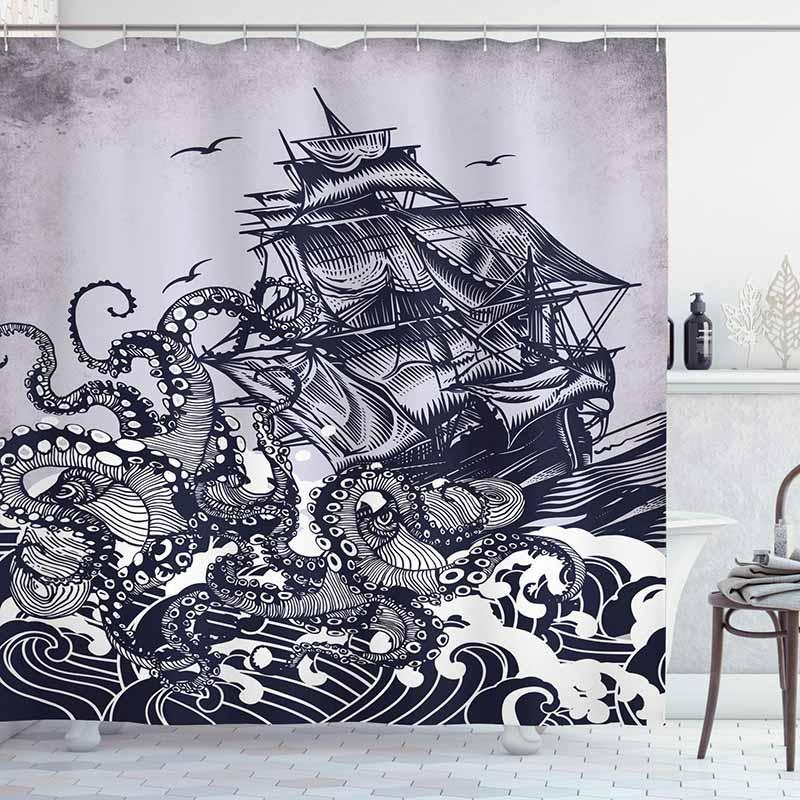 Midnight blue ink engraving of a giant octopus gripping a three masted ship