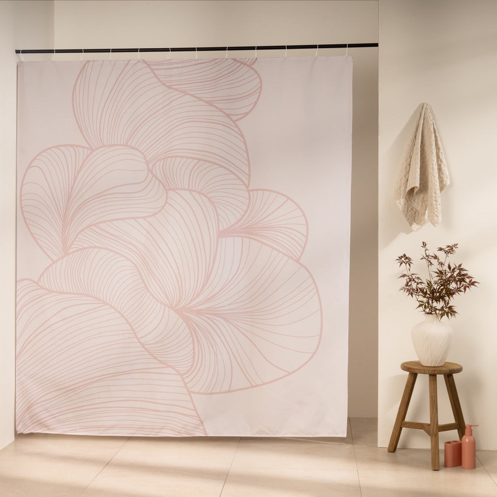 Faded pink line curves covering most of an off-white curtain panel