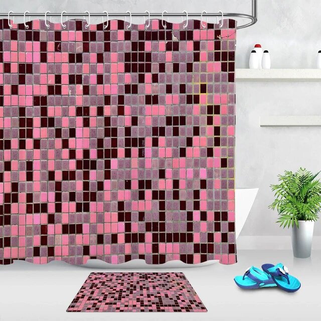 Mosaic of small aged pink and plum tiles fading across the panel