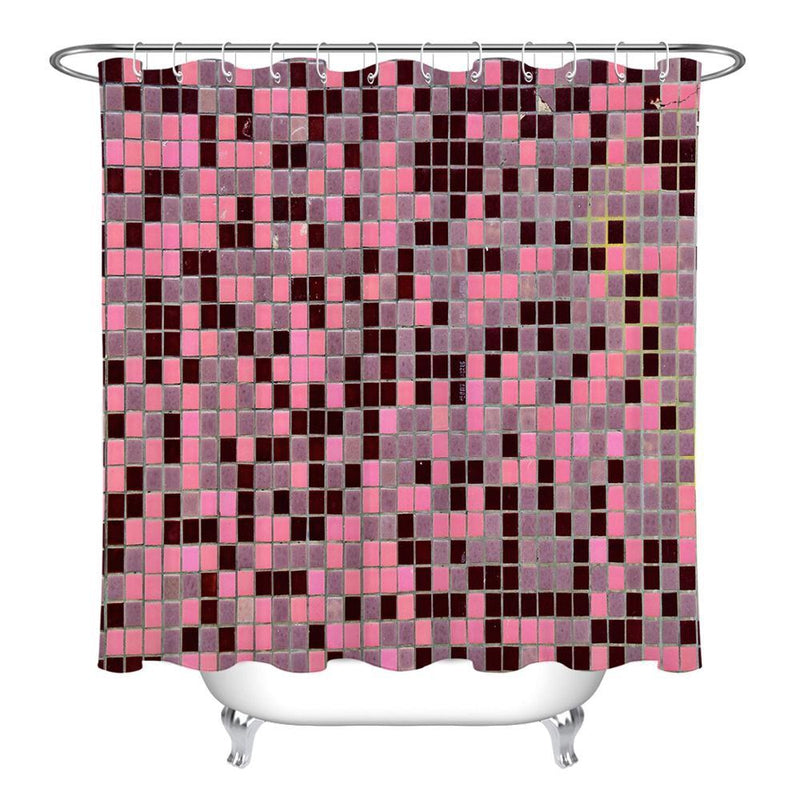 Close view of the small mauve mosaic squares on hanging fabric