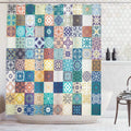 Patchwork of tiles each carrying a blue, turquoise, orange or cream rosette