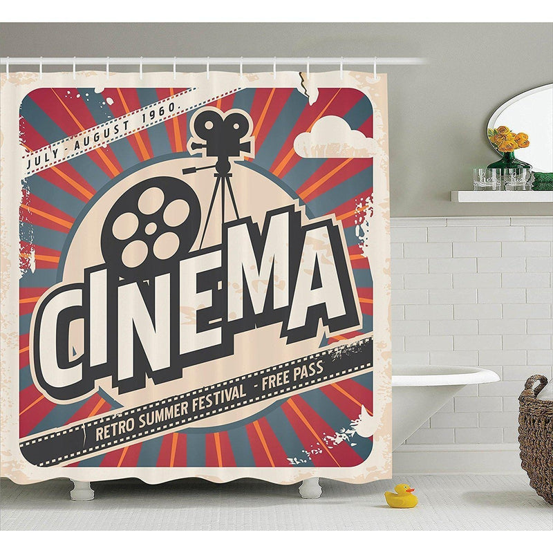 Fifties style projector and film reel on red and blue rays with vintage type