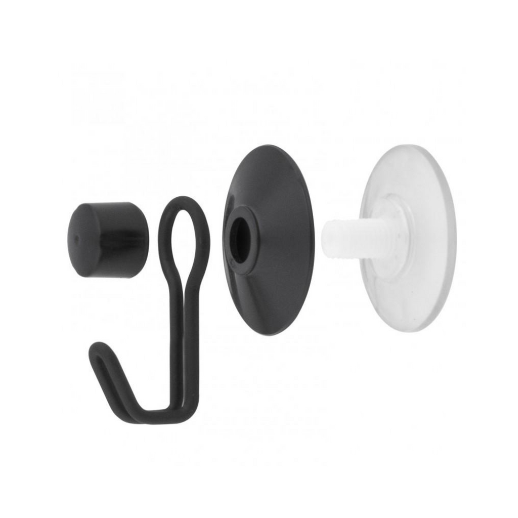 Adhesive pad shown on the reverse of the minimalist black hook