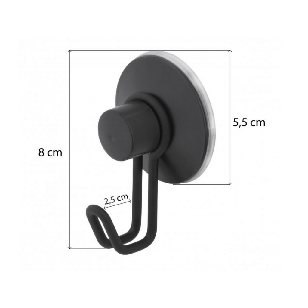 Black hook holding a hanging bathrobe beside the shower