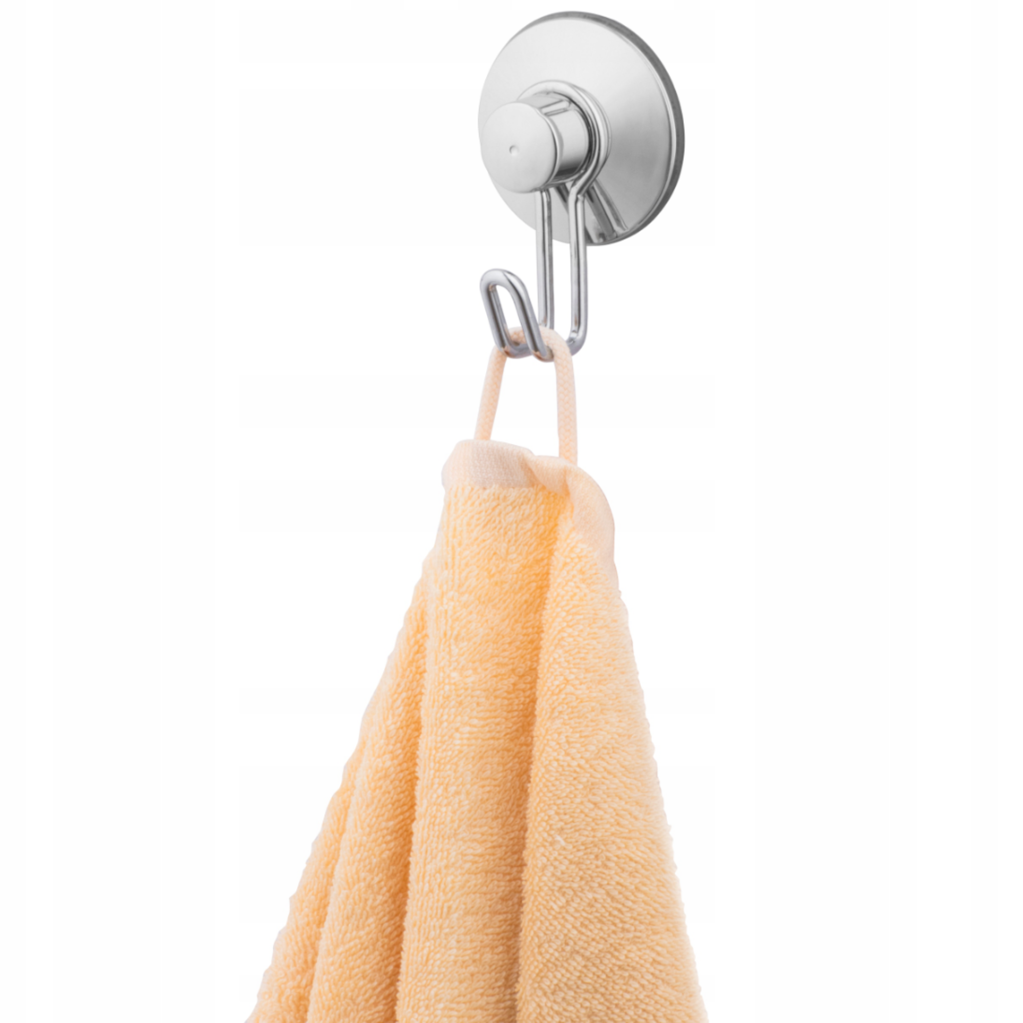 Two silver hooks mounted side by side on a smooth bathroom wall
