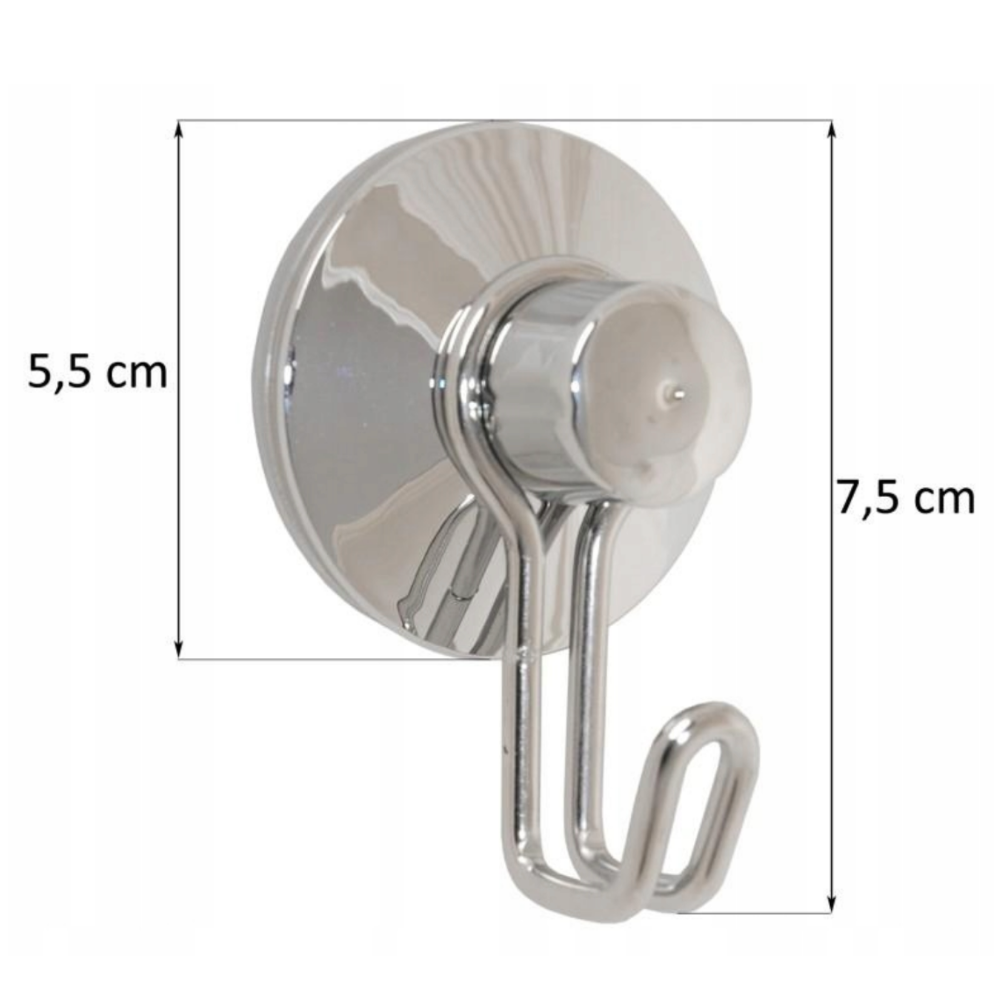 Overhead view of the round silver hook base against pale tiling