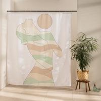 Line drawn figure filled with sage, beige and terracotta waves