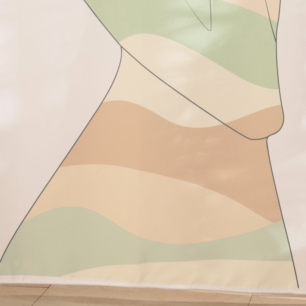 Full length minimalistic figure curtain hanging by a glass screen