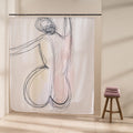 Tangled black scribble figure over soft pink and pale yellow blocks