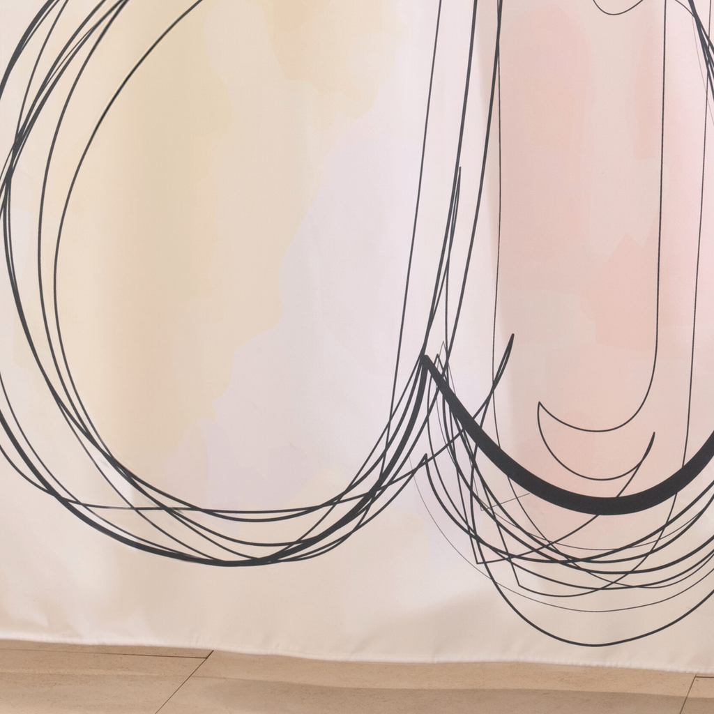 Full length modern art curtain hanging beside a glass shower screen