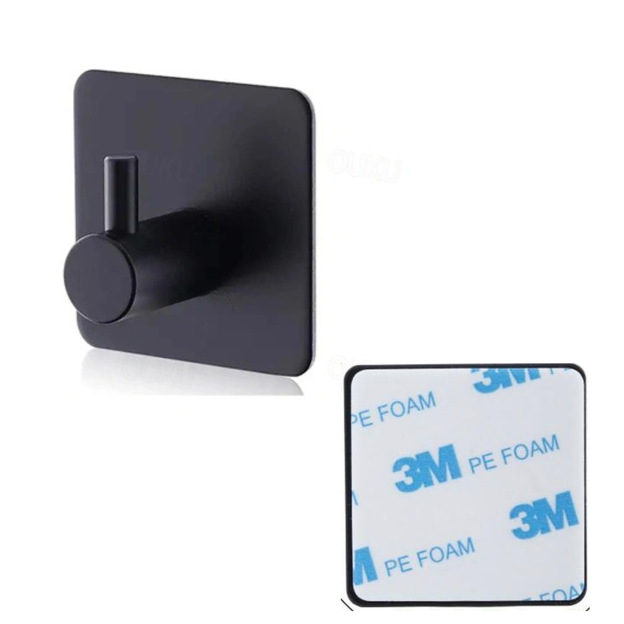 Adhesive pad shown on the reverse of the modern black hook