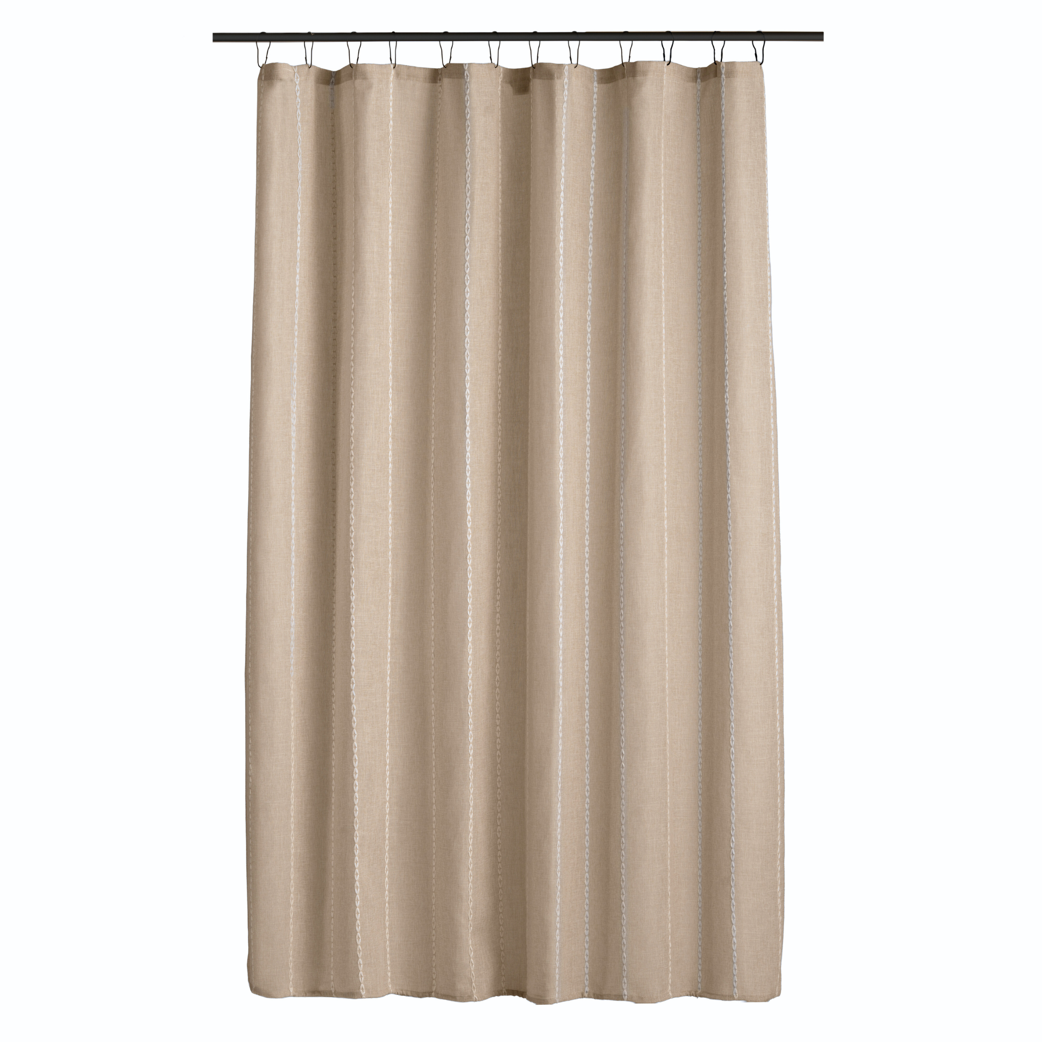 Natural beige curtain styled in a farmhouse bathroom with warm wood