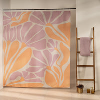 Large stylized pink and orange blooms overlapping across the panel