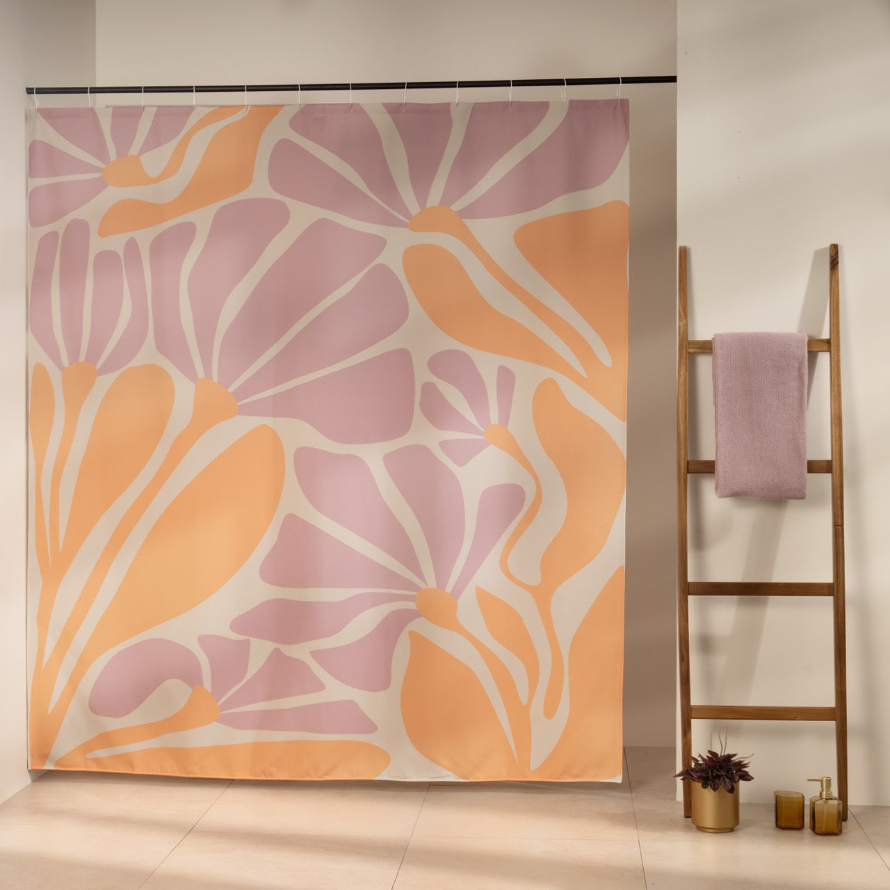 Large stylized pink and orange blooms overlapping across the panel