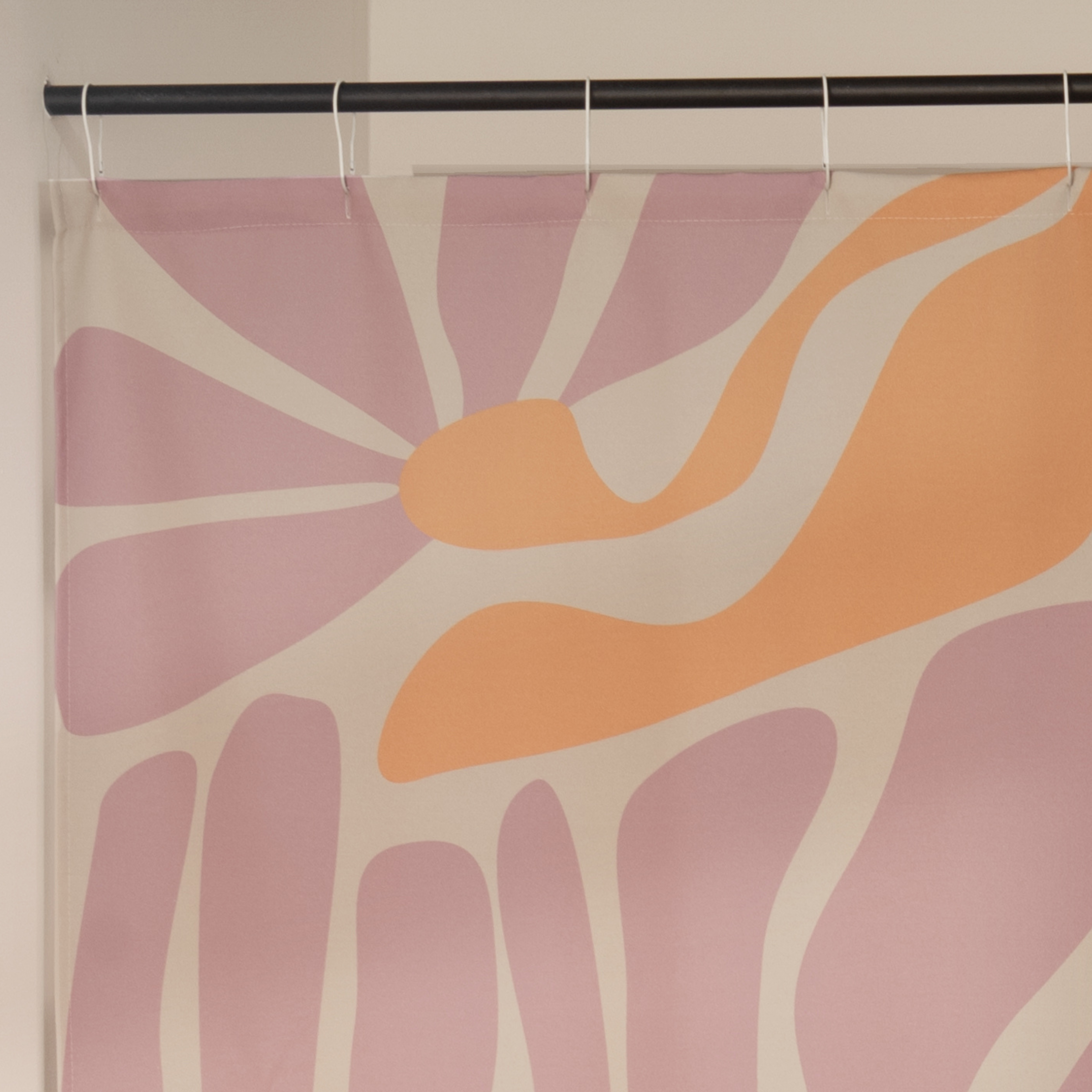 Close detail of the flat pink and orange petal shapes on the weave