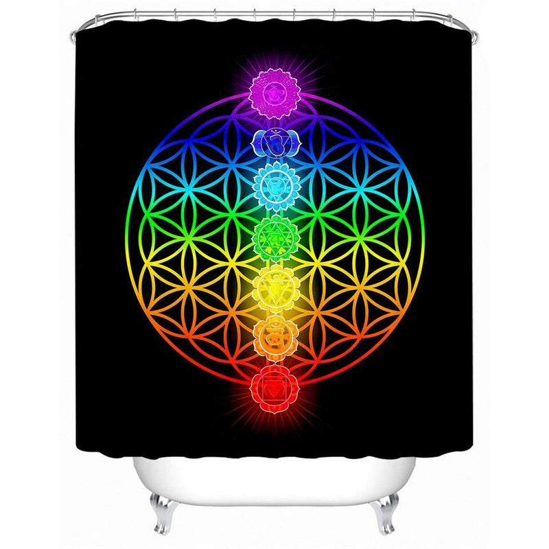 Column of seven chakra symbols running down the centre of the panel