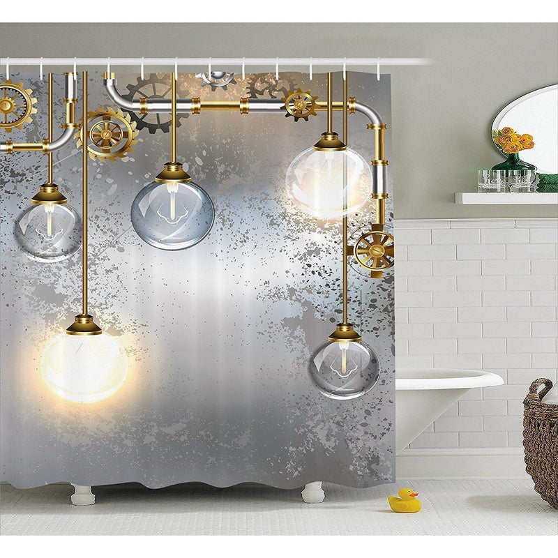 Textured concrete grey ground with hanging bulbs and brass pipework