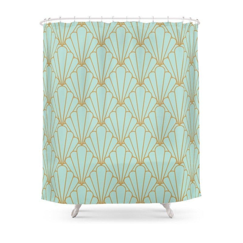 Gold line art deco fans staggered across a pale aqua curtain ground