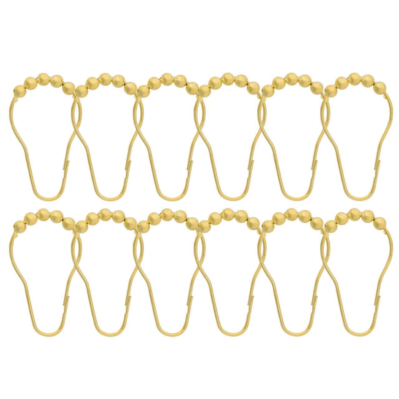Twelve gold curtain rings each crowned with a row of metal balls