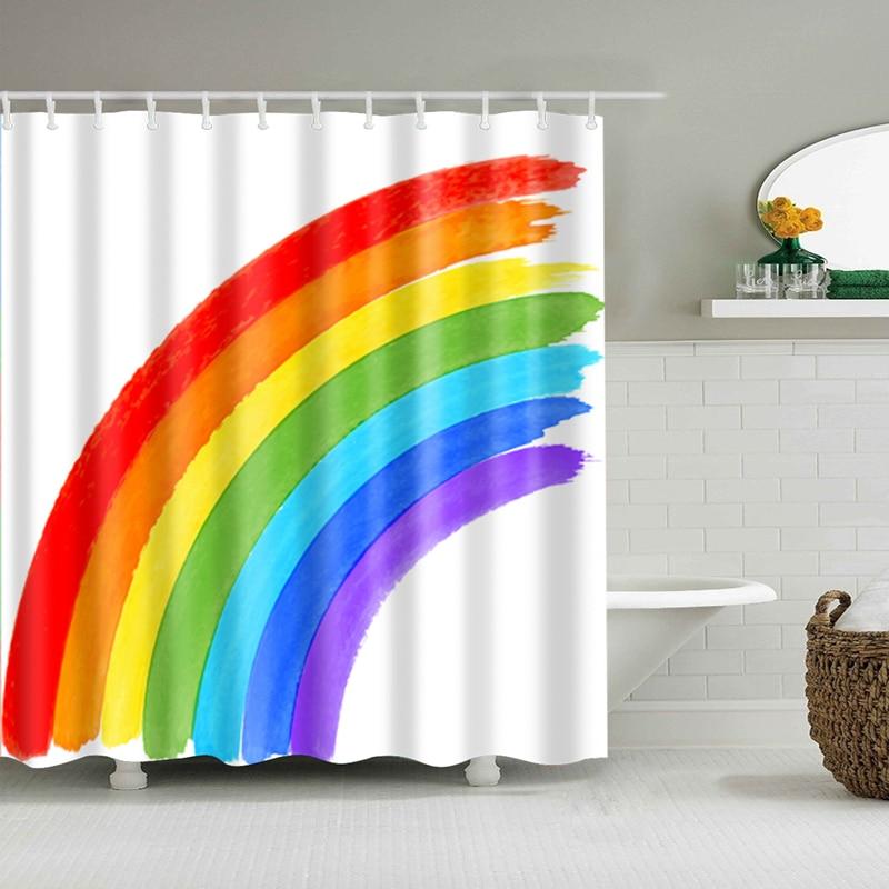 Broad brushed rainbow bands with ragged edges painted across a white ground