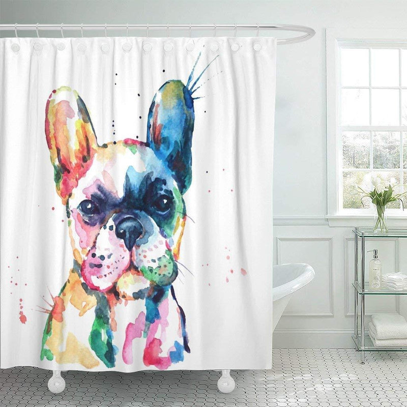 Watercolor bulldog painted in pink, blue, yellow and green on white