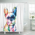 Watercolor bulldog painted in pink, blue, yellow and green on white