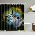 Green yellow and blue nebula ring around a floating grey kitten in space
