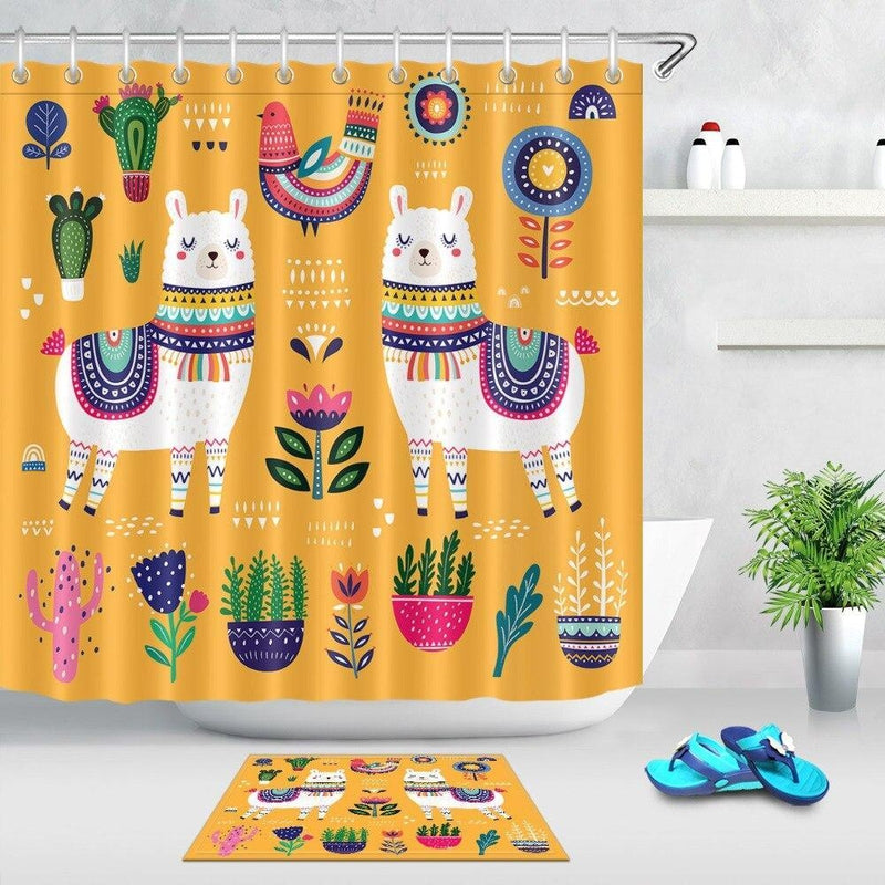 Two white llamas in patterned blankets among potted cacti on mustard