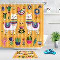 Two white llamas in patterned blankets among potted cacti on mustard