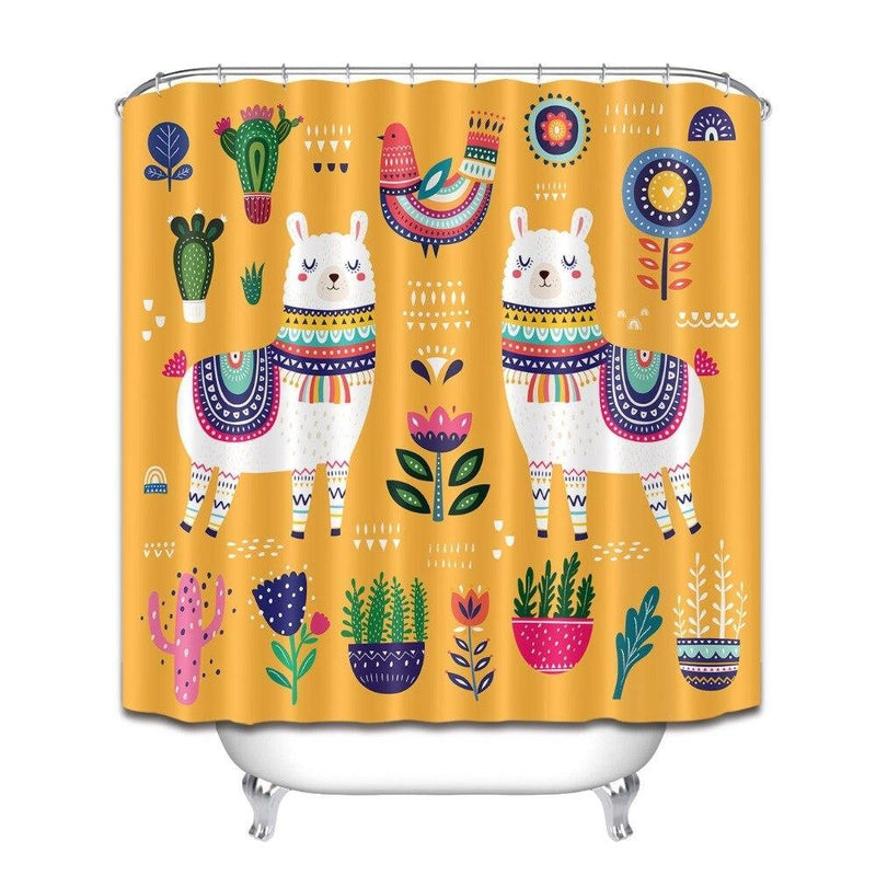 Close detail of a llama and stylized flowers on the saturated mustard ground