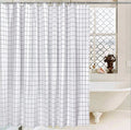 Fine black grid printed over a translucent white curtain panel